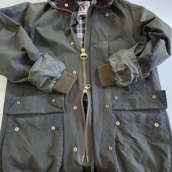 VTG Lavenir Wax Chore Coat Men 36 Military Green LS Lined Cotton Equestrian Hood - Picture 11 of 16